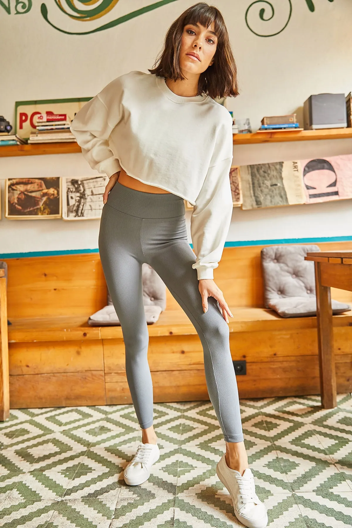 Olalook  Graue gerippte Strumpfhose mit hoher Taille für Damen TYT-19000069