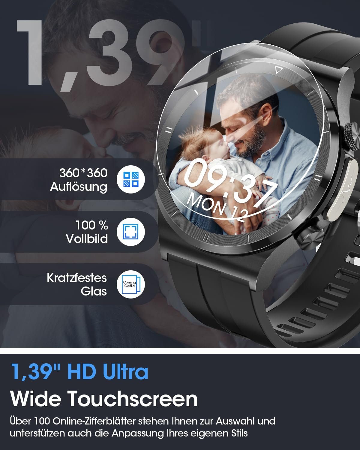Powerwill Smartwatch Herren mit Blutzuckermessung, 24/7 Schlafmonitor Smartwatch, Pulsmesser, SpO2, 1,39