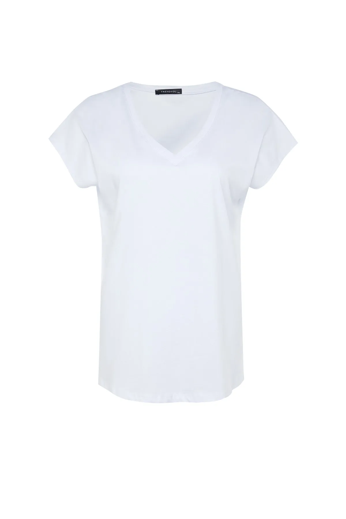 Trendyol Curve  Weißes Boyfriend-Strick-T-Shirt mit V-Ausschnitt und Schlitz TBBSS22BF0036