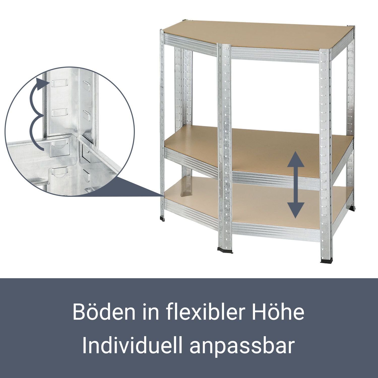 Juskys Eckregal Corner Easy, 1-tlg., Schwerlastregal aus verzinktem Metall mit 4 Einlegeböden