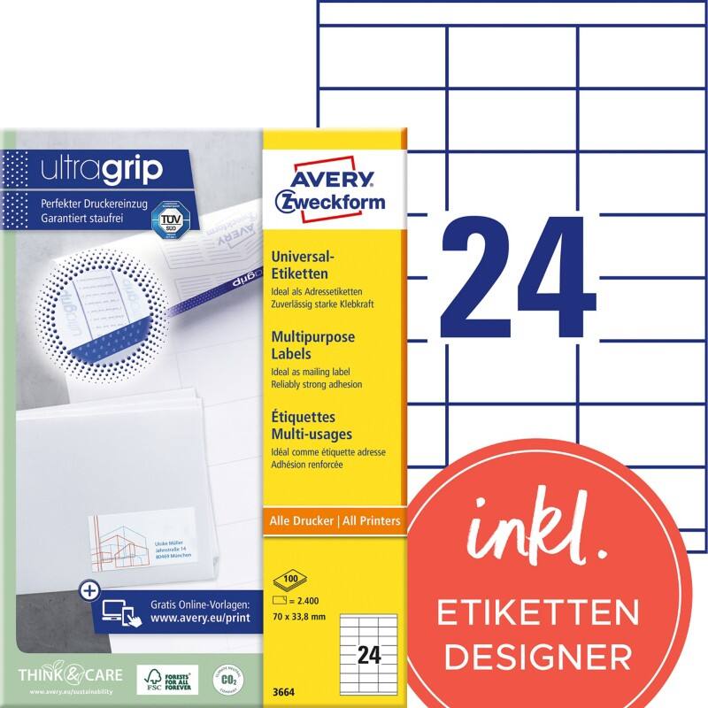 AVERY Zweckform ultragrip Universaletiketten 3664 Selbsthaftend DIN A4 Weiß 70 x 33,8 mm 100 Blatt à 24 Etiketten