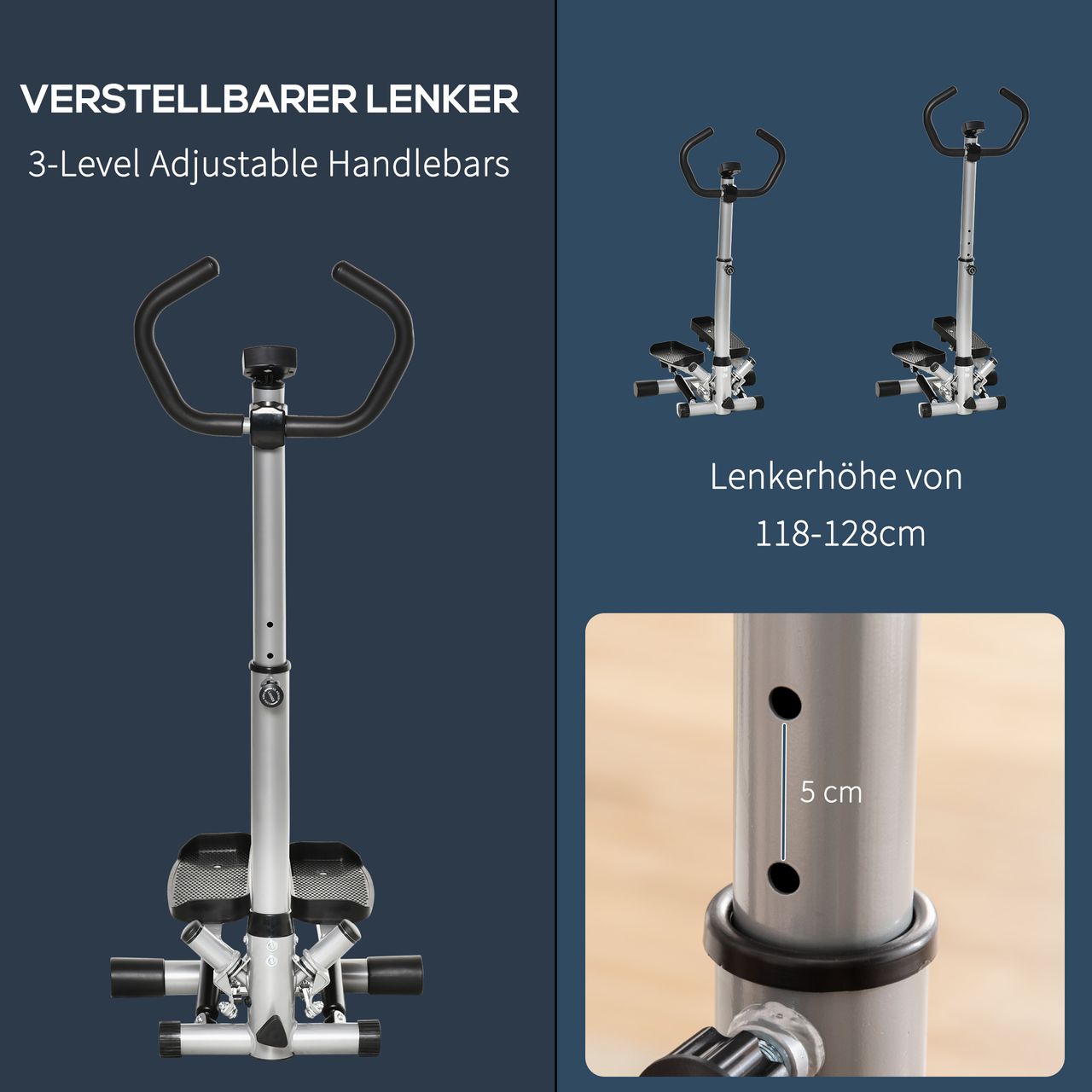 HOMCOM Stepper mit Handgriff Fitness einstellbare Geschwindigkeit Metall ABS Schwarz Silber