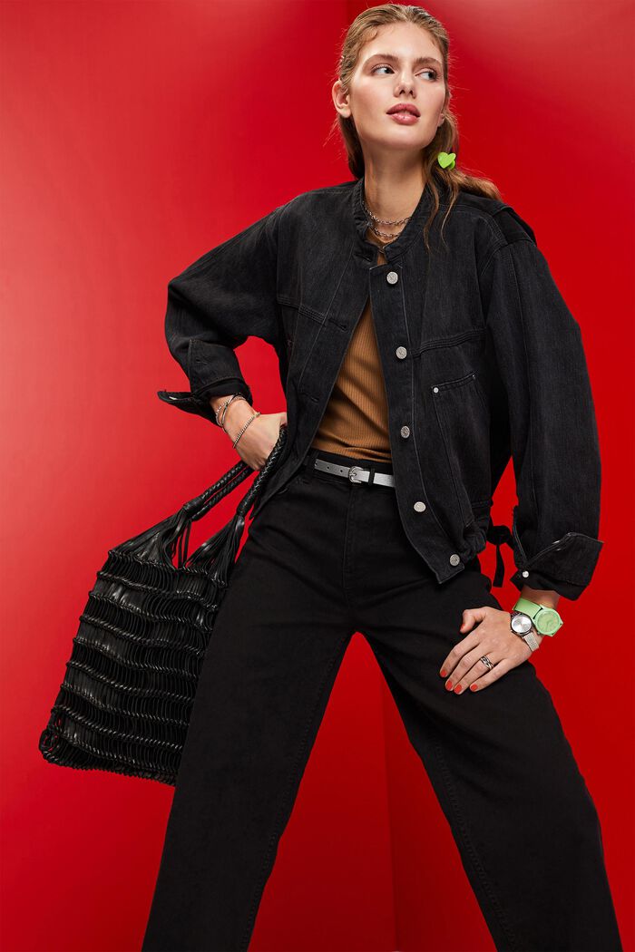 Kragenlose Jeansjacke mit Kordelzug