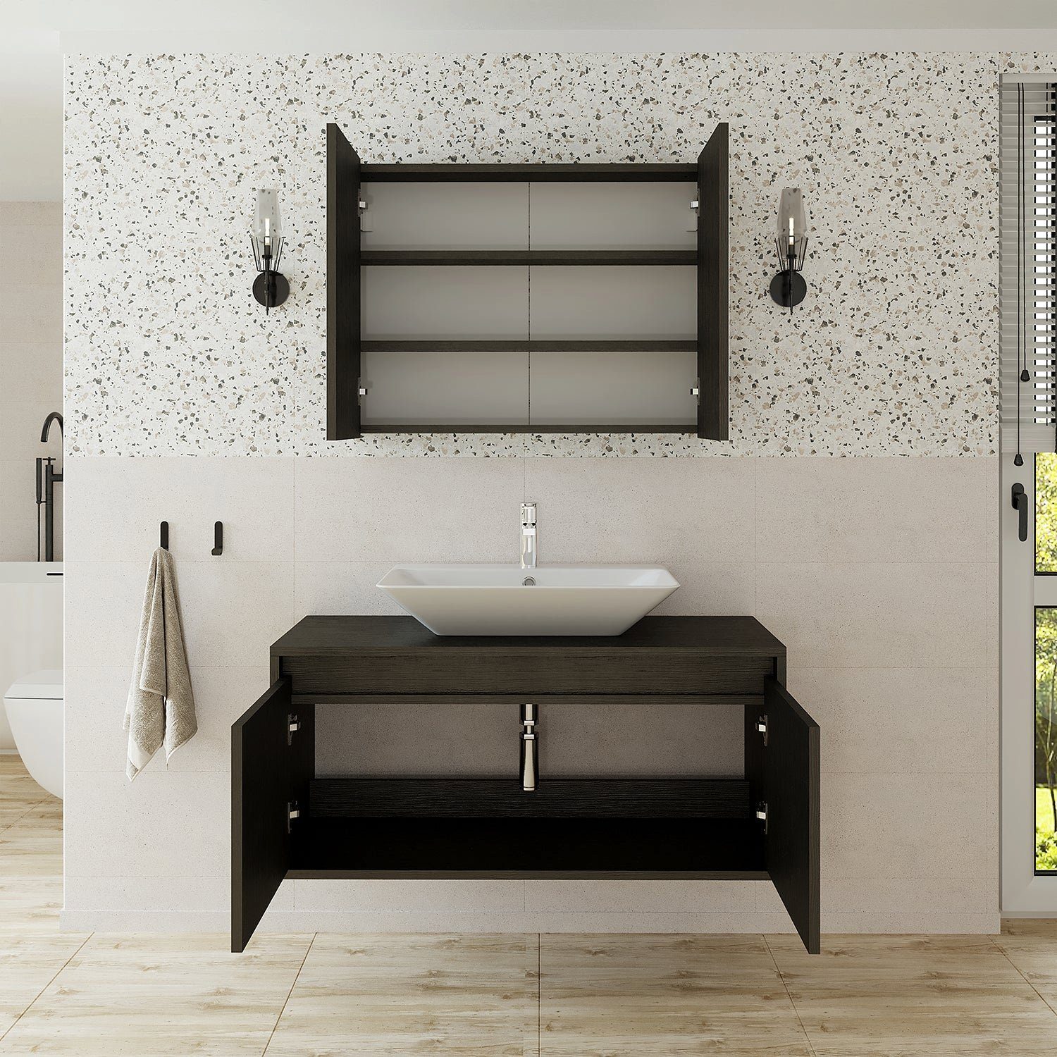 Roomart Badmöbel-Set, (Badmöbel Set 3-teilig 100cm Unterschrank mit Waschbecken Spiegelscrank)