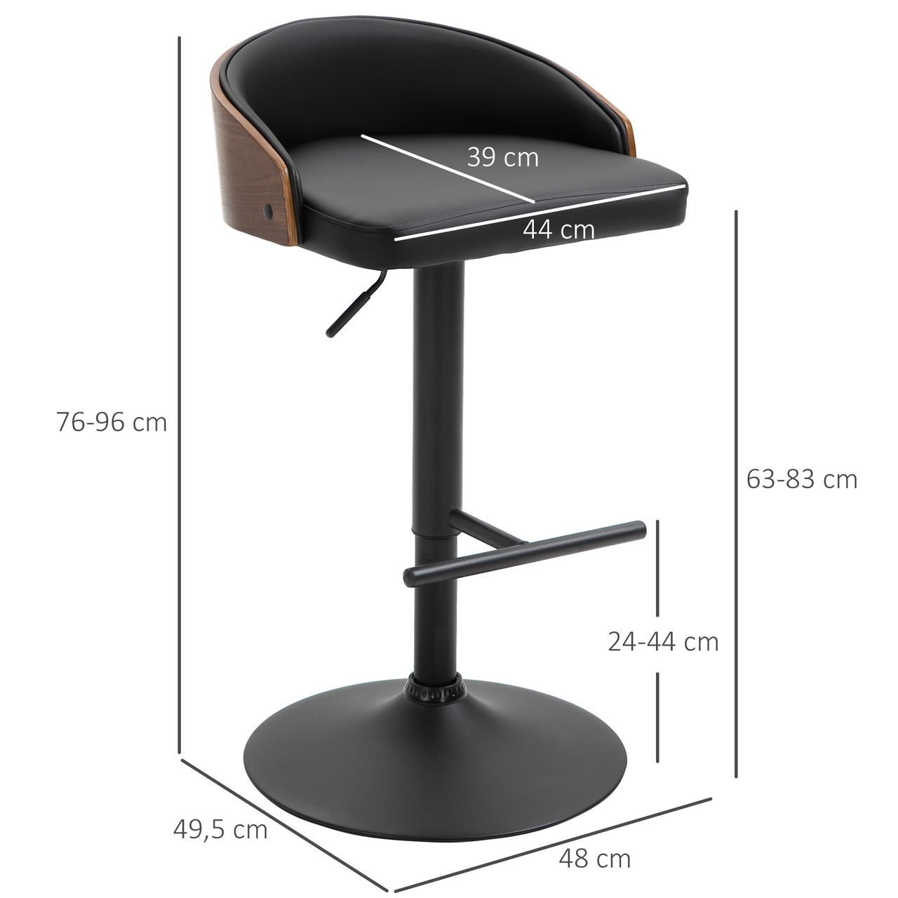 HOMCOM 2er-Set Barhocker drehbare Barstühle mit Fußstütze Barstuhl höhenverstellbar Küchenstühle Drehstühle Kunstleder Holz Schwarz Kaffee 48 x 49,5 x 76-96 cm