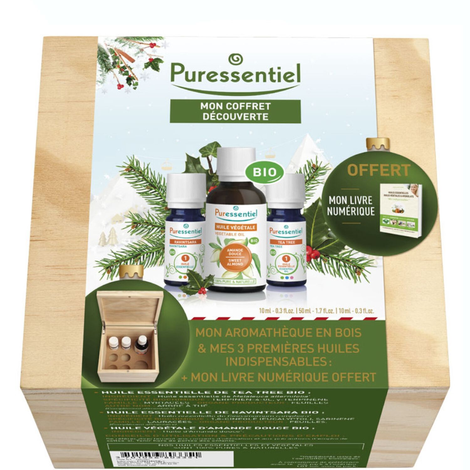 Puressentiel Mon Coffret Découverte Aromathèque en Bois & 3 Premières Huiles Indispensables + livre Numérique