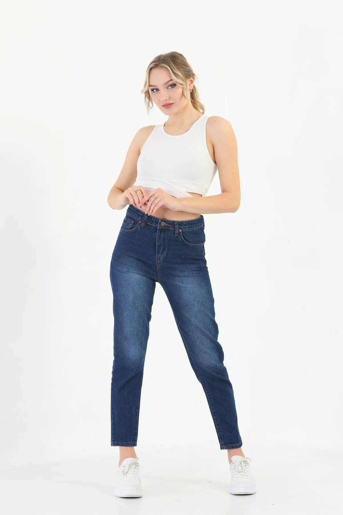 BİKELİFE  Marineblaue Mom-Jeans mit hoher Taille und schmalem Bein