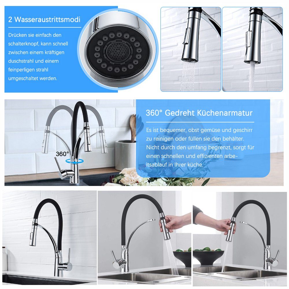 XIIW Waschbeckenbrause Wasserhahn Küche Küchenarmatur Brause Armatur Mischbatterie Hochdruck (Höhe: 425mm) Spültischarmatur 360° Schwenkbar, mit Herunterziehen