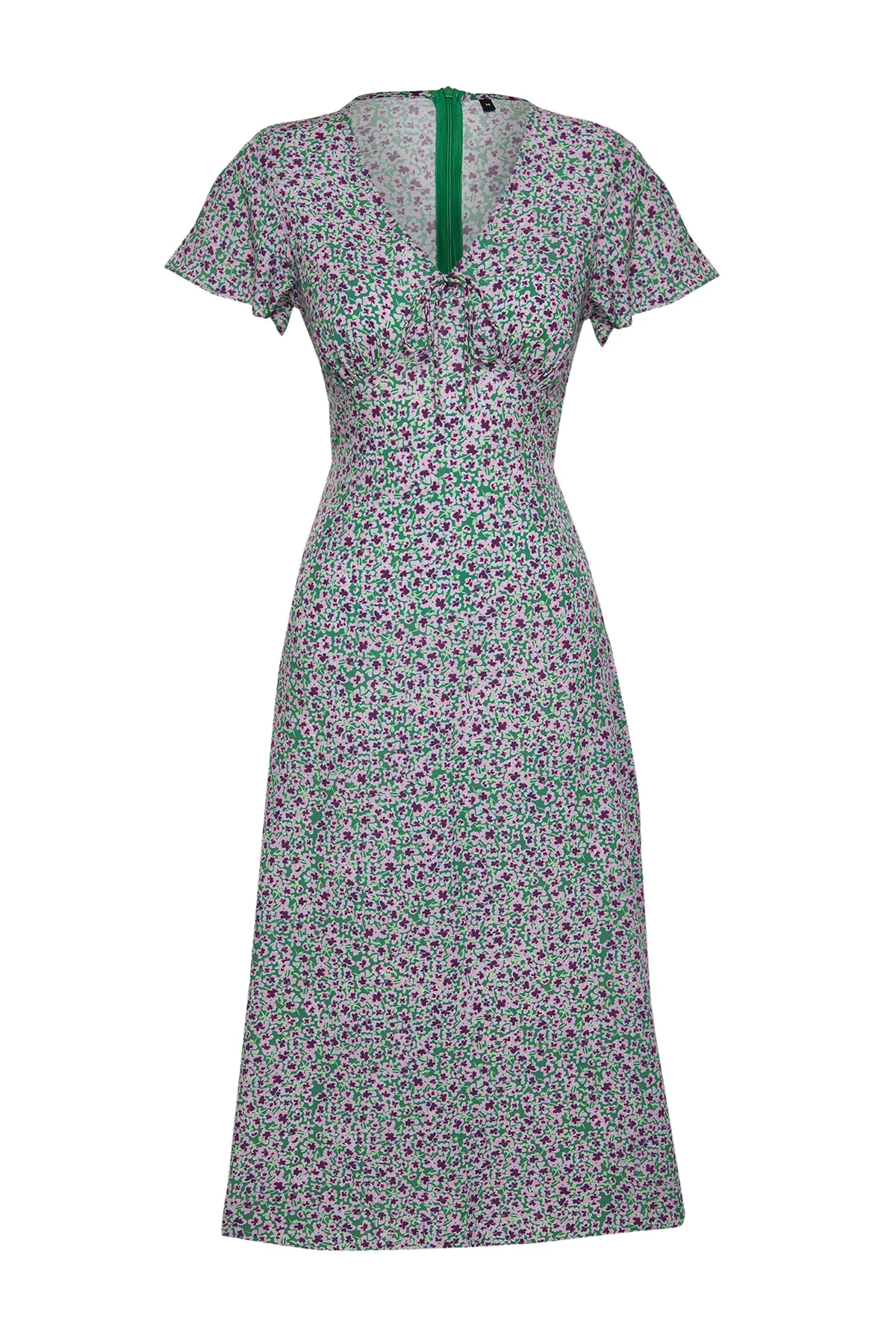 Trendyol Collection  Grünes, gewebtes Midikleid aus 100 % Viskose in A-Linie mit Blumendruck und V-Ausschnitt TWOSS24EL00618