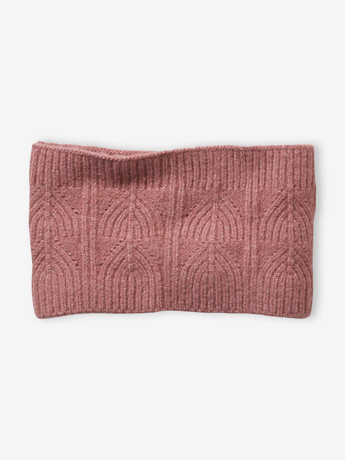 Ensemble bonnet + snood + moufles en maille torsadée mousseuse rose