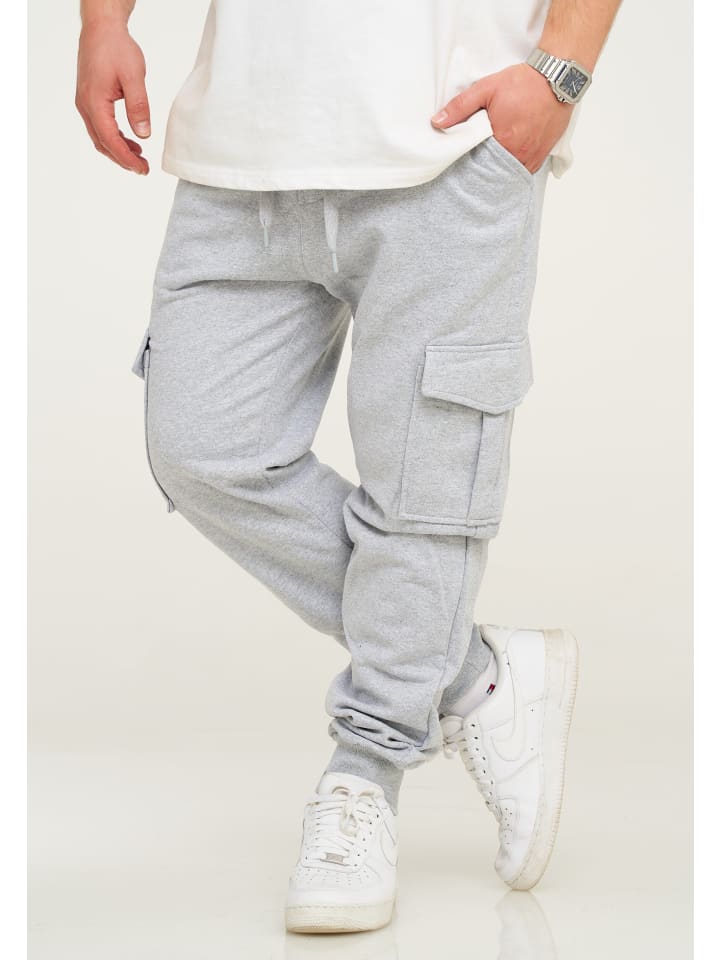behype Jogginghose - BHPIURA Lange Sporthose Trainingshose mit Cargotaschen in Hellgrau günstig kaufen