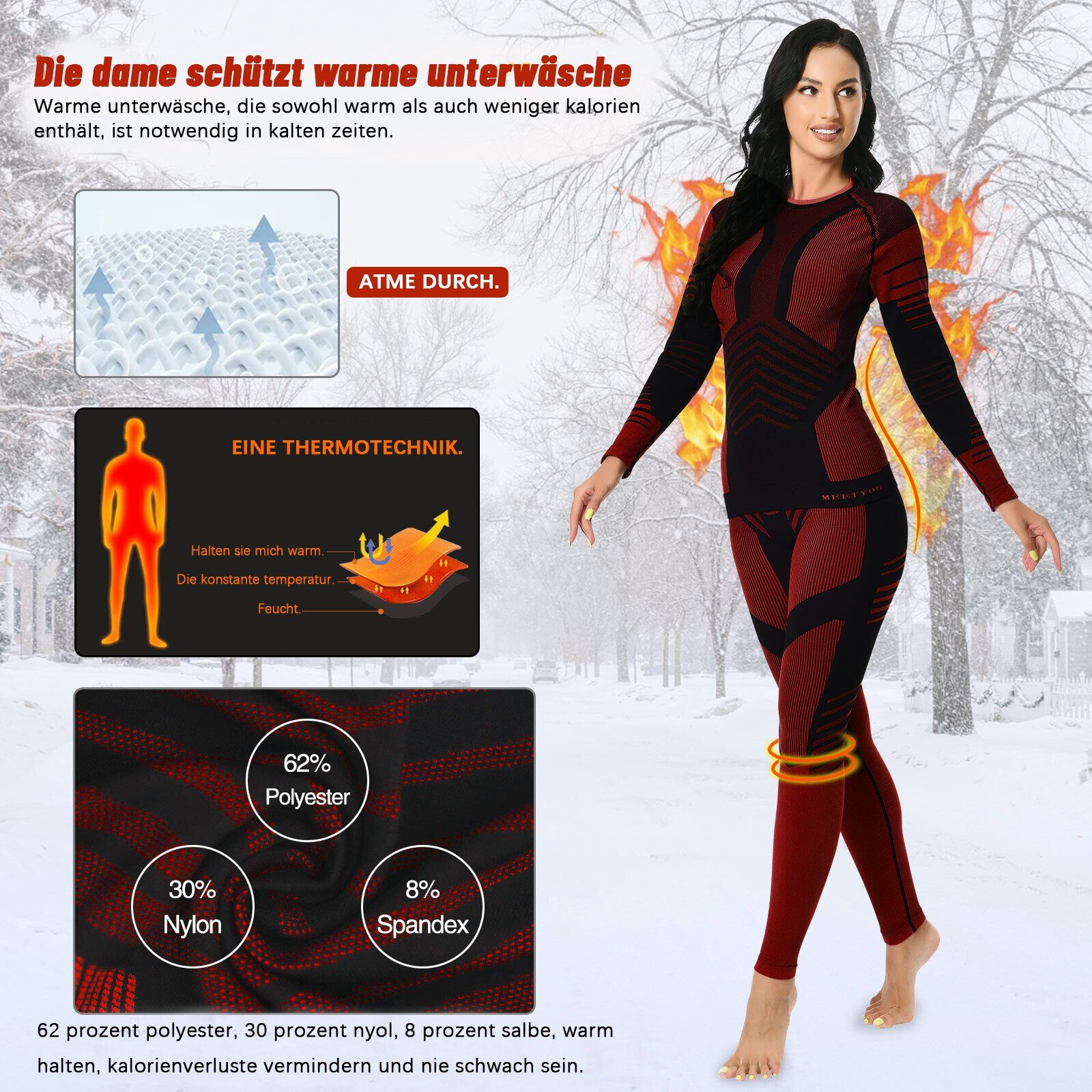 MEETYOO Thermohose Damen Thermounterwäsche Funktionsunterwäsche Set (Skiunterwäsche, 2-St., Funktionsunterhemd +, Thermohose) Funktionswäsche