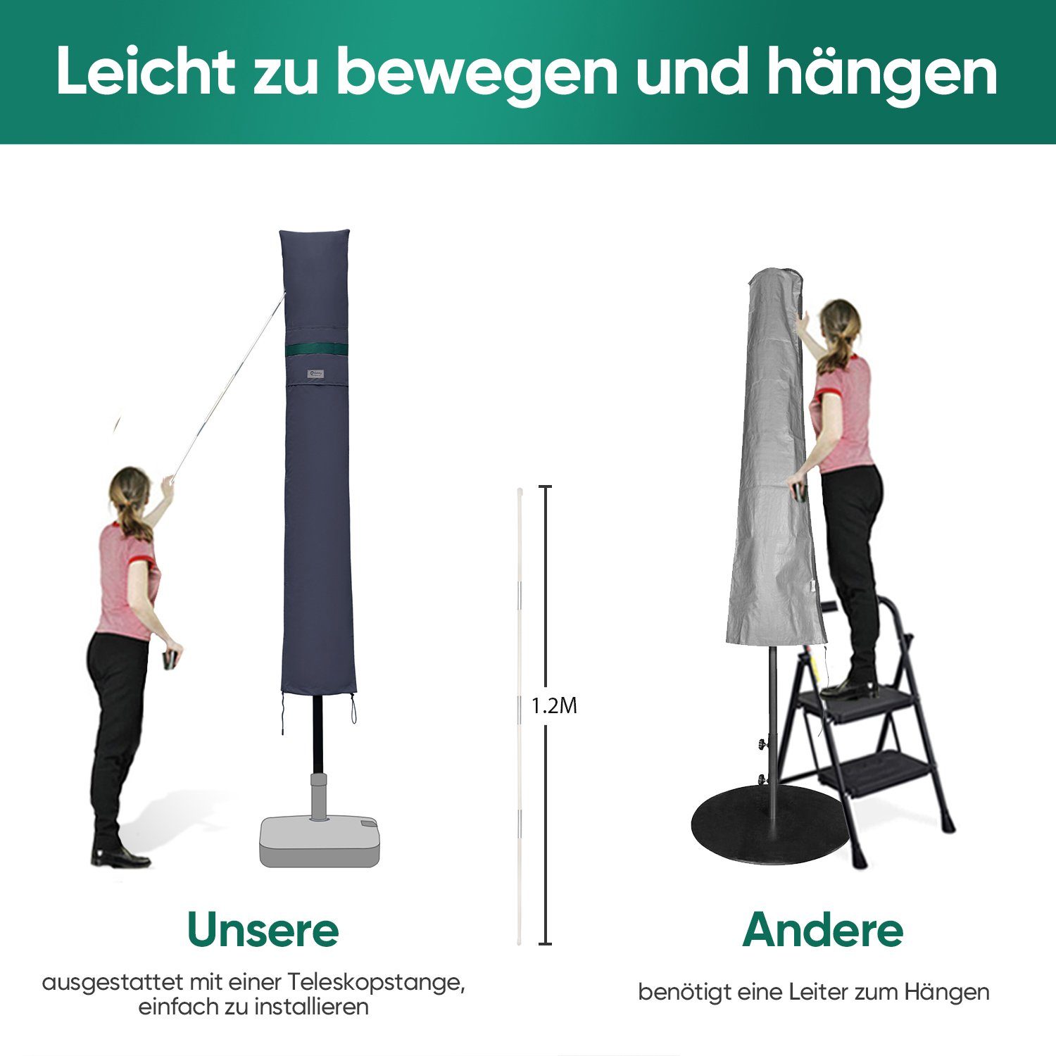 Sekey Sonnenschirm-Schutzhülle Marketschirm Abdeckhauben mit Stab und Reißverschluss, bis Ø 350 cm, für Sonnenschirme bis zu Ø 350 cm, eckige Sonnenschirme 200 x 300 cm