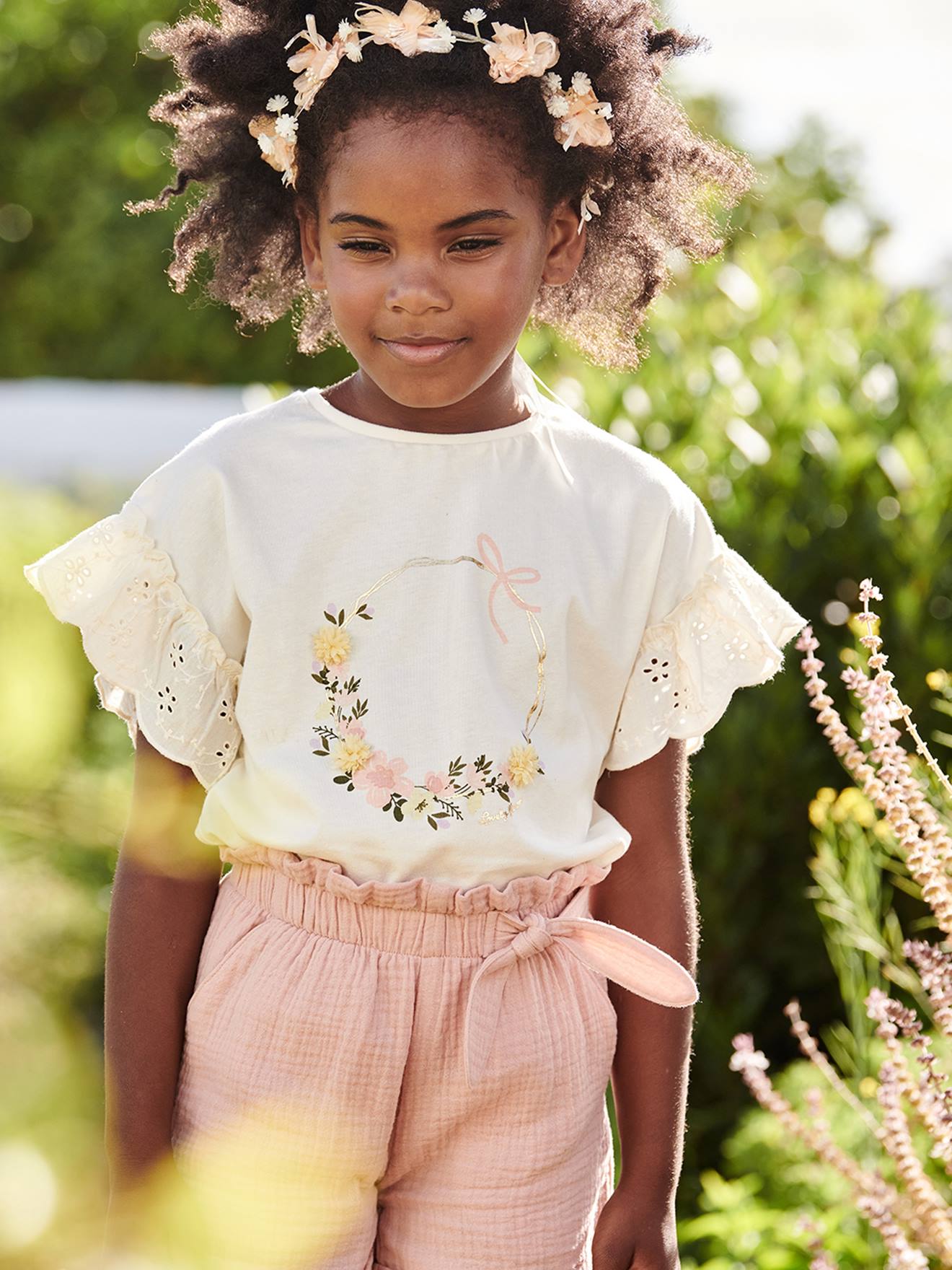 T-shirt motif couronne détails irisés fille écru
