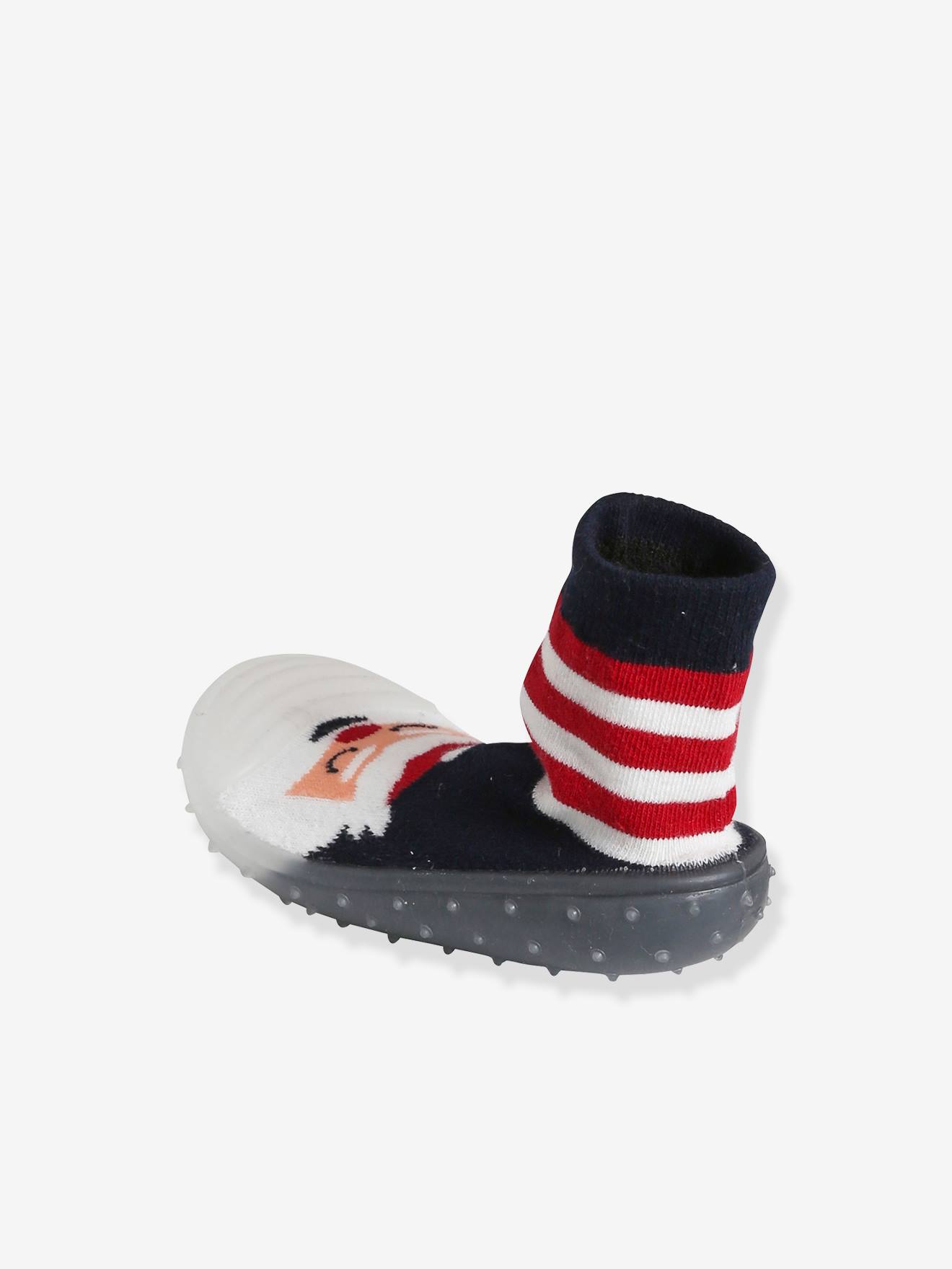 Chaussons-chaussettes de Noël enfant antidérapants rayé rouge