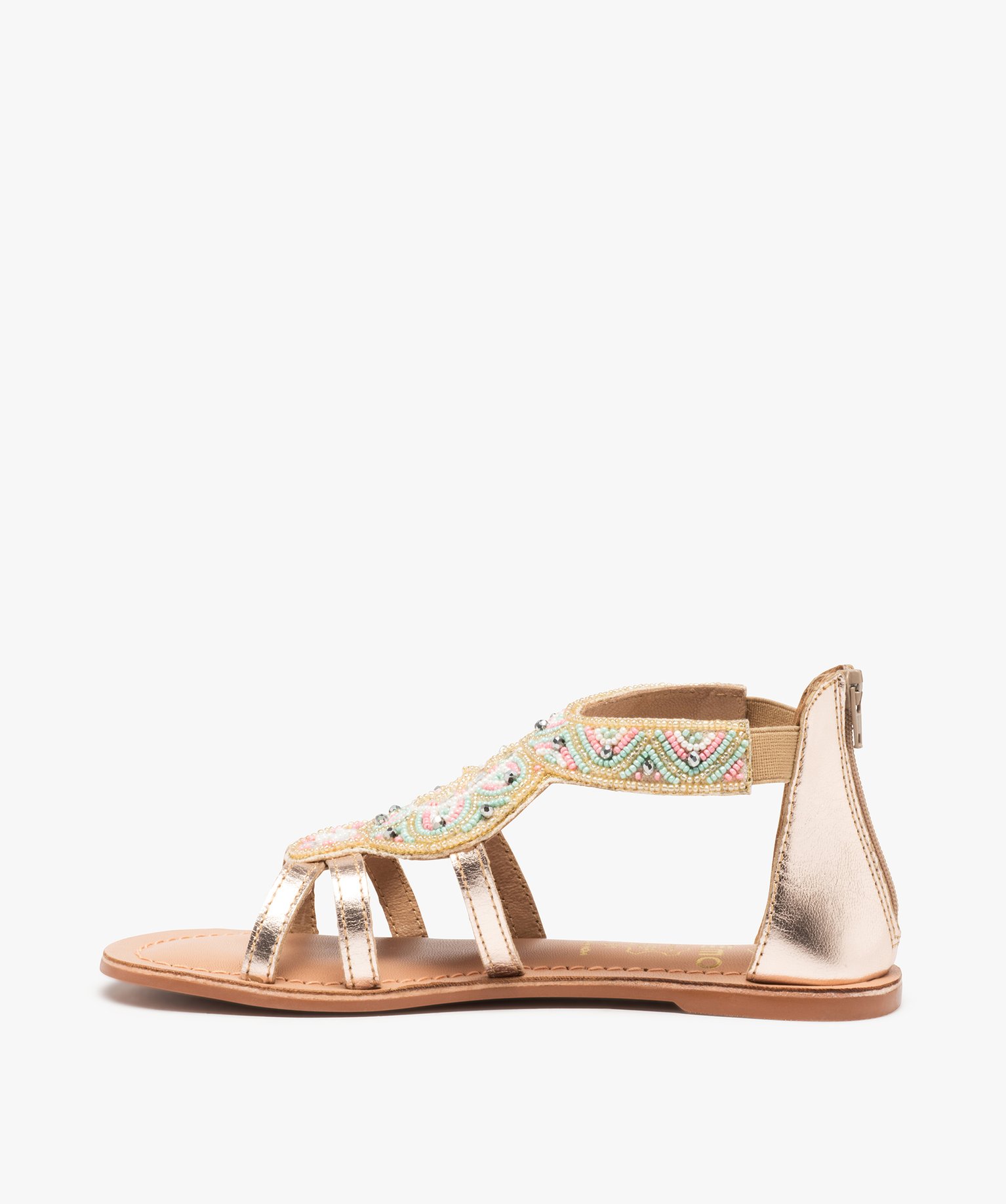Sandales fille à talon plat et dessus perlé contrefort zippé or | GEMO