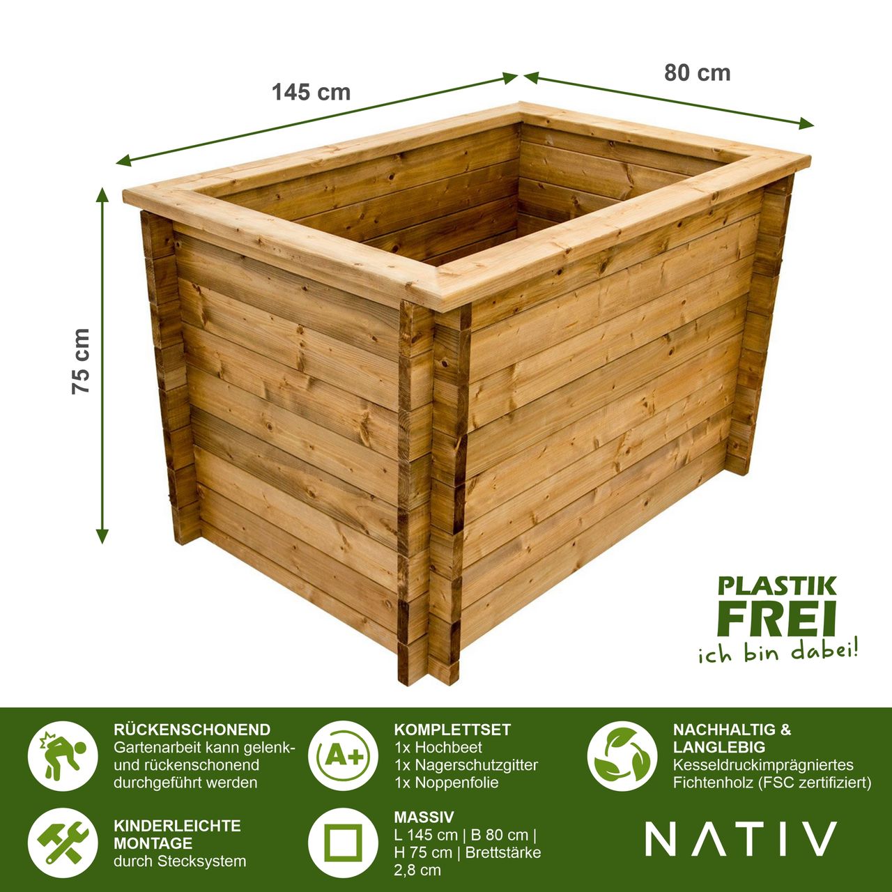 Lemodo Hochbeet aus Holz, mit Noppenfolie