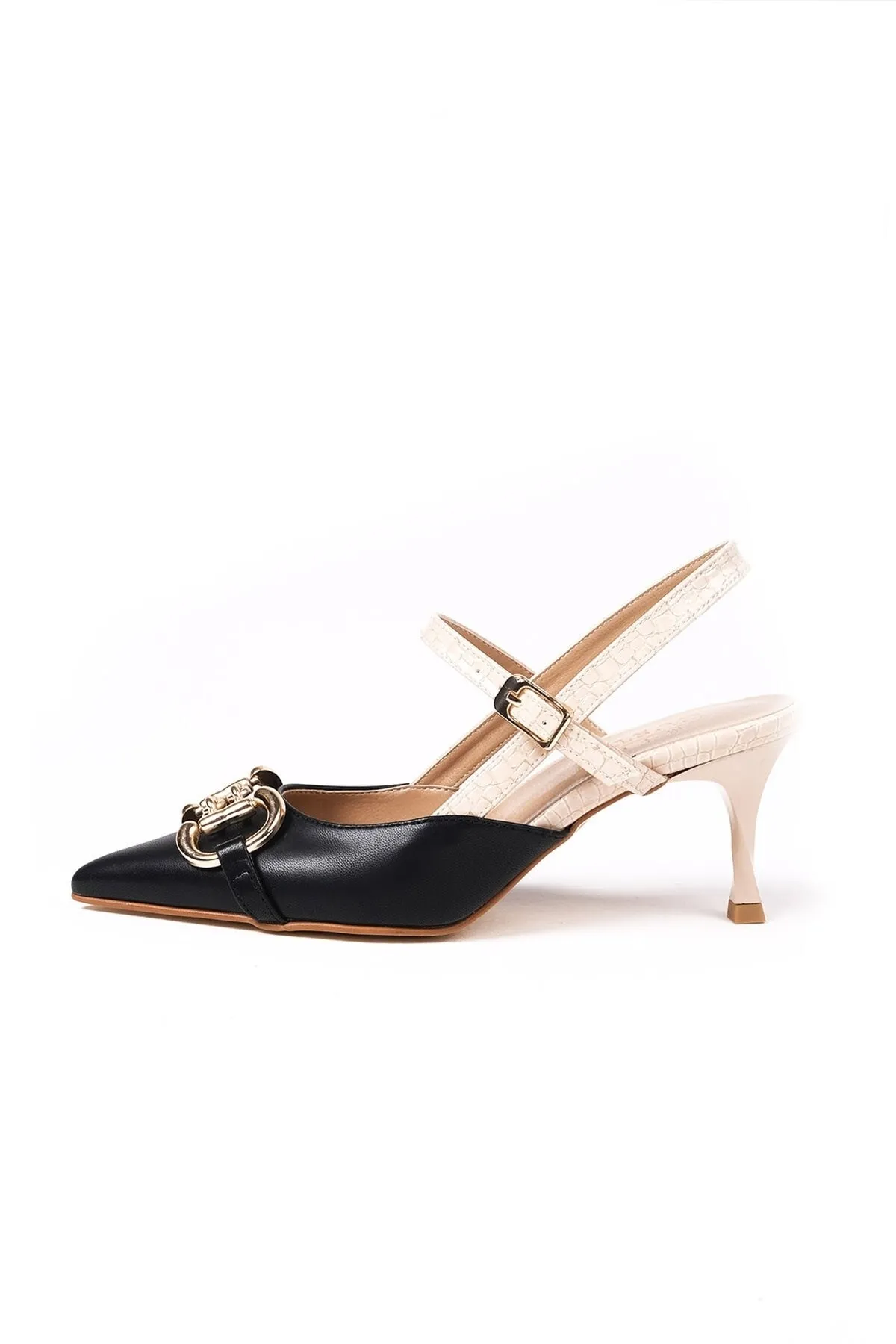 Mio Gusto  Felicity Damen-Schuhe mit Absatz, schwarzes Schnallenzubehör, offene Rückseite und seitliche Schnalle