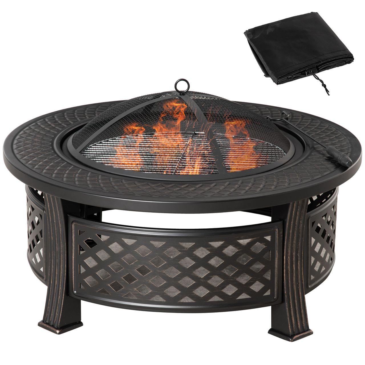 Outsunny Feuerschale mit Schürhaken Funkenschutz Feuerkorb Feuertisch rund Feuerstelle für Garten Camping BBQ Stahl Schwarz 81 x 81 x 50 cm