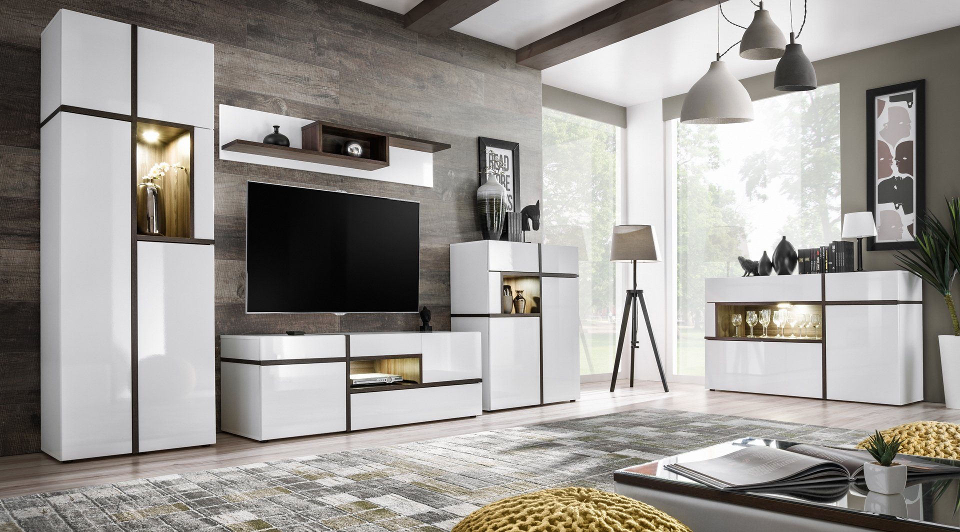 Unique Home Wohnwand Wohnwand CR mit Kommode, Grifflos mit Push To Open, LED Beleuchtung