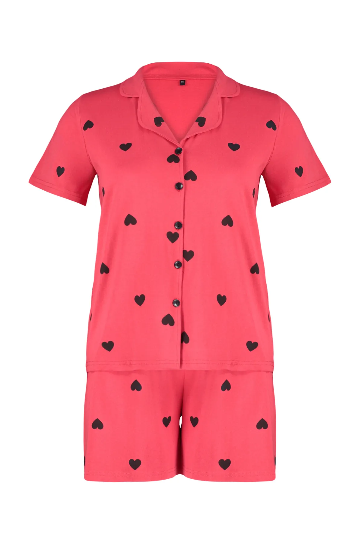 Trendyol Curve  Rotes Pyjama-Set aus Strick mit Herzmuster TBBSS24AI00026