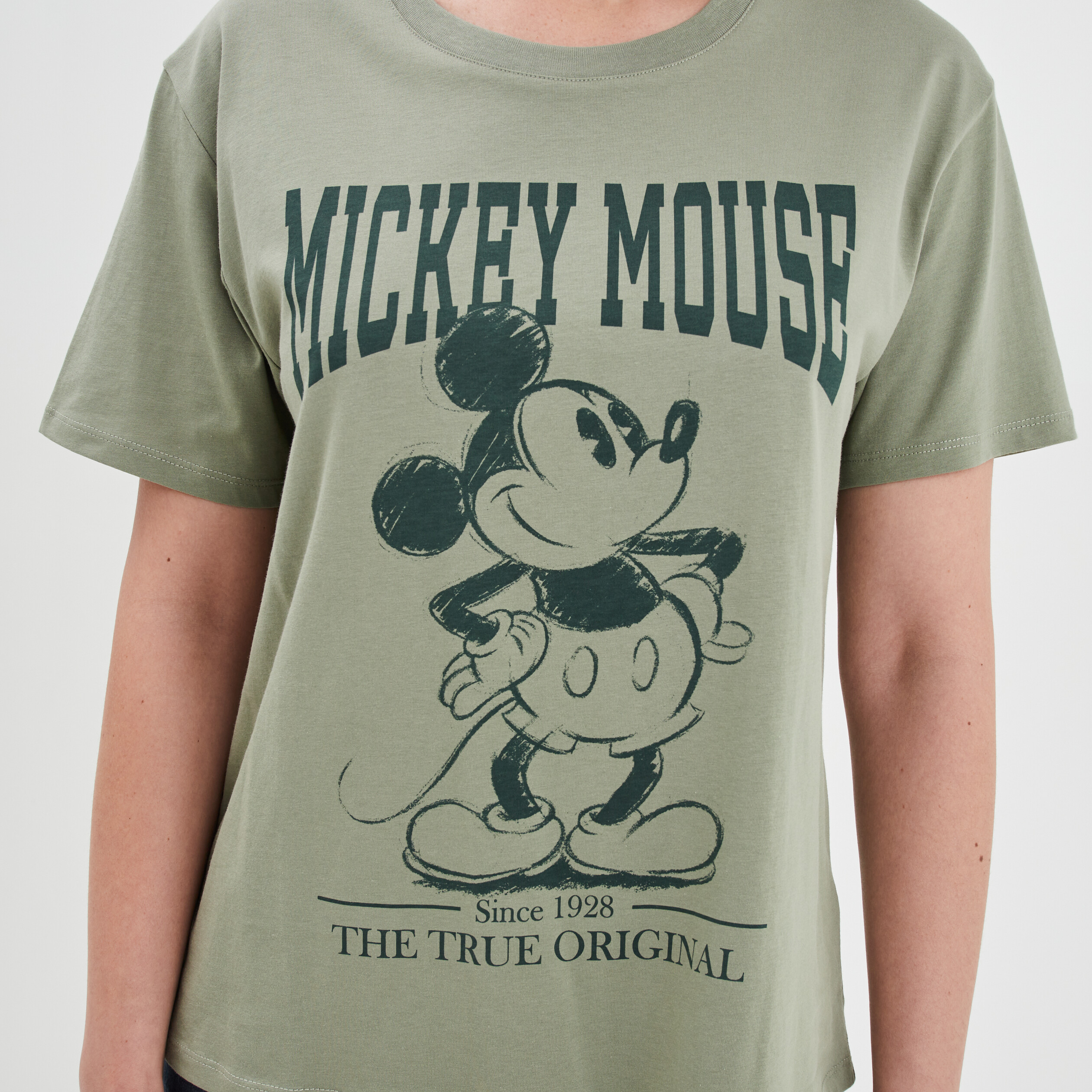 T-shirt droit col rond coton Mickey vert kaki femme | La Halle