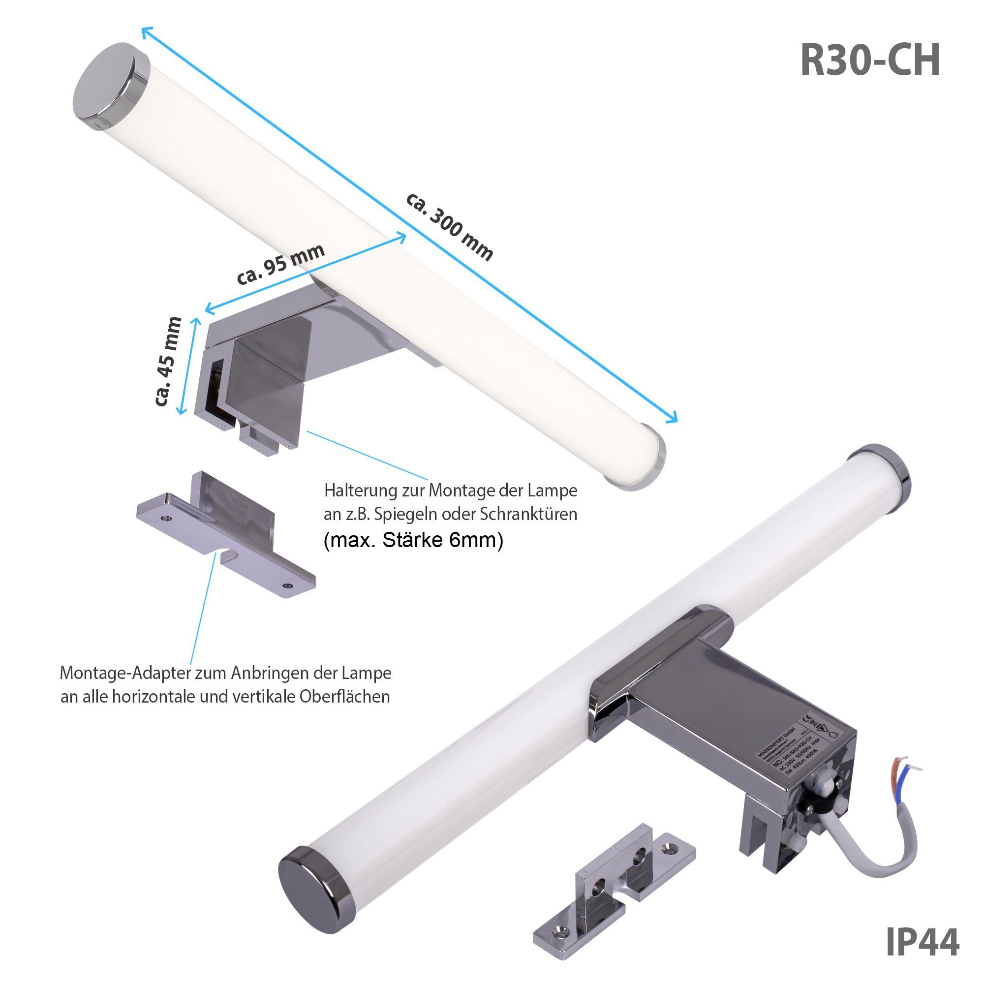 Maxkomfort Spiegelleuchte MK-BAD, LED fest integriert, Neutralweiß, LED, Badezimmer, Beleuchtung, Bad, Aufbau, IP44, Schminklicht, Schrankleuchte, Badleuchte