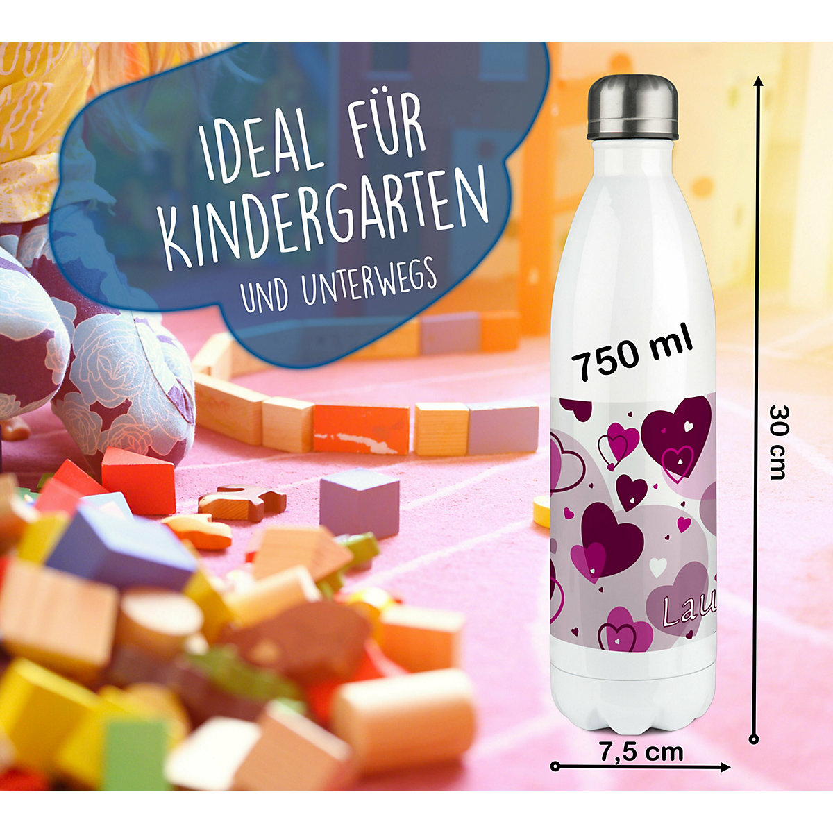 Edelstahl Kinder Thermoflasche / Trinkflasche bunt Herz Farbe brombeere Spülmaschinenfest, Auslaufsicher, Bruchfest, Doppelwandig, Für Heißgetränke geeignet, Mit Deckel, Isoliert