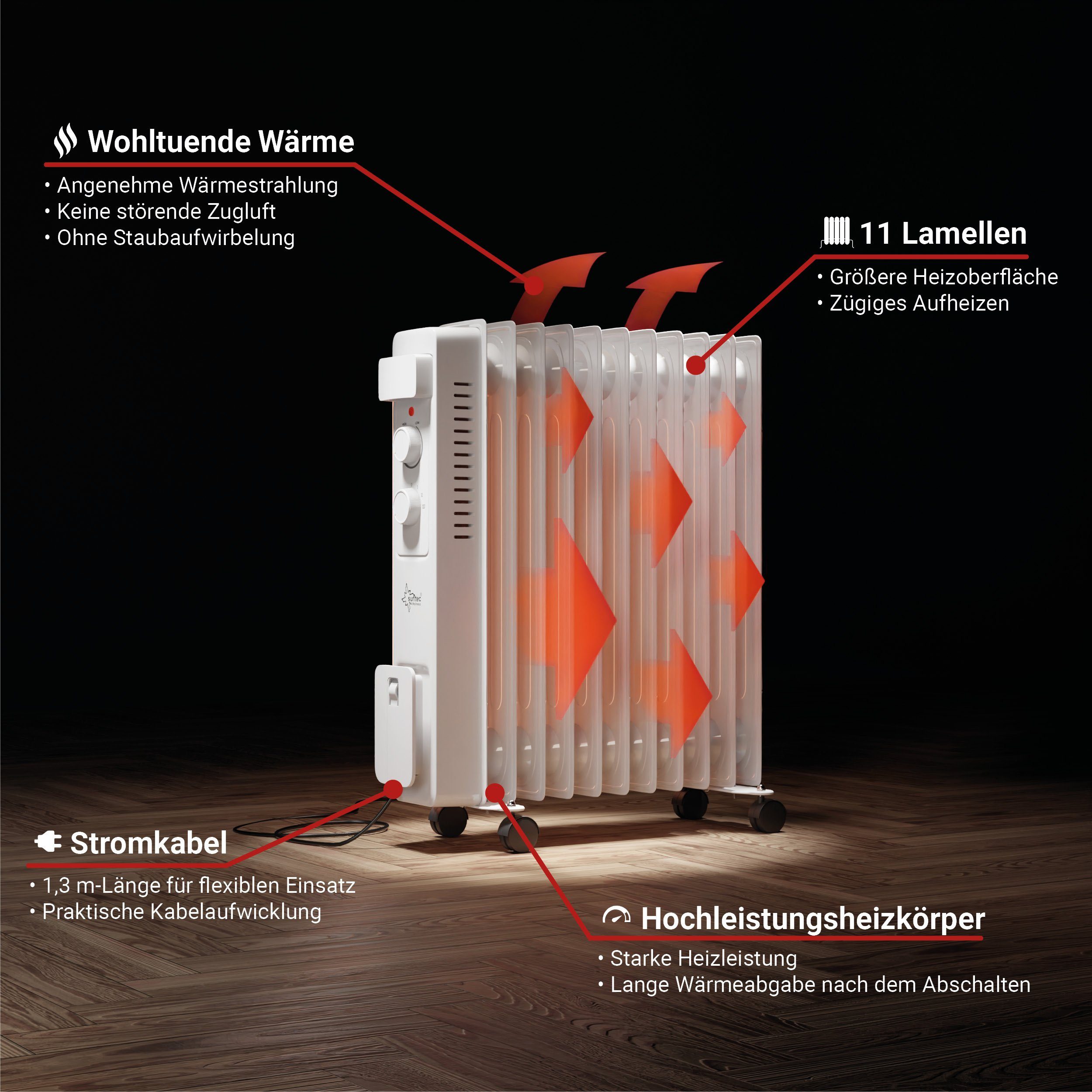 Suntec Wellness Ölradiator Hot Safe Pro 2500 heater ultra power, 2500 W, Mobiler Heizer, 3 Heizstufen, 11 Lamellen, 32 m²/75 m³