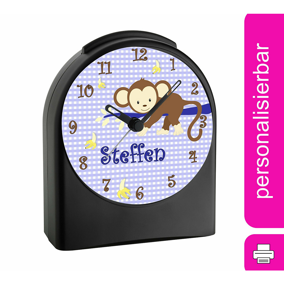 Kinder Funkwecker personalisiert mit Namen Affe Atom-/Funkuhr, 12-Stunden-Anzeigeformat, Schlummerfunktion, Nachtlicht, Geräuschlos/Ohne Ticken