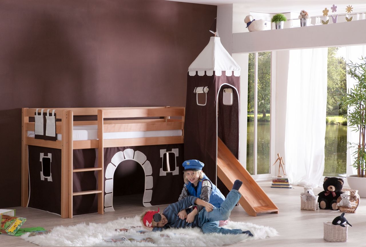 Relita Halbhohes Spielbett ALEX mit Rutsche/Turm Buche massiv natur lackiert mit Stoffset Burg