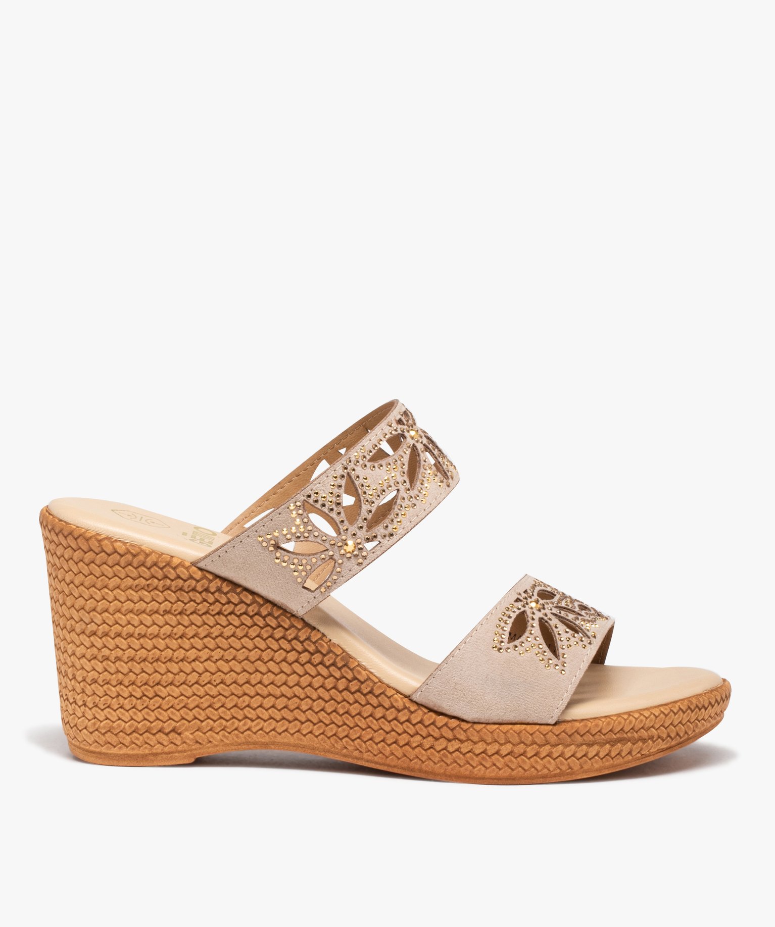 Mules femme compensées à brides strass ajourées beige | GEMO