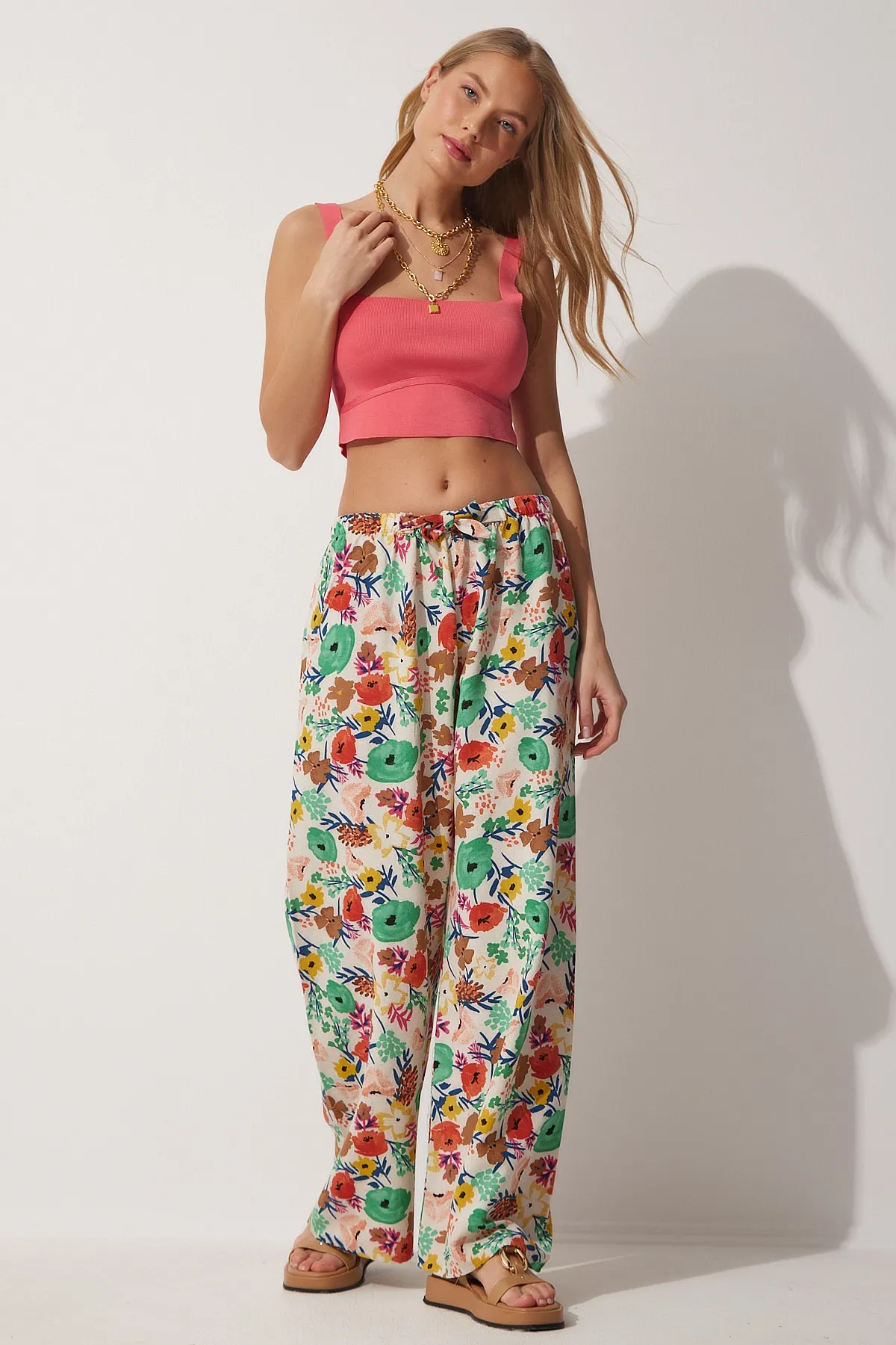 Happiness İstanbul  Damen-Palazzo-Hose aus Leinen in Beige und Grün mit Blumenmuster BH00385
