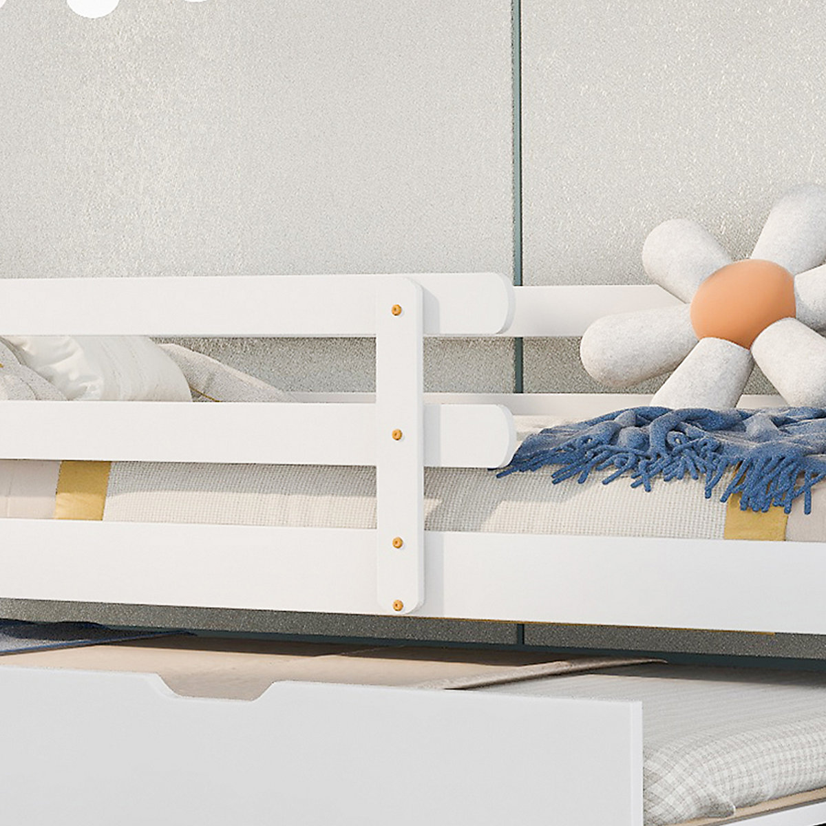Etagenbett mit Rausfallschutz und Schublade, Ausziehbett mit Rollen unten