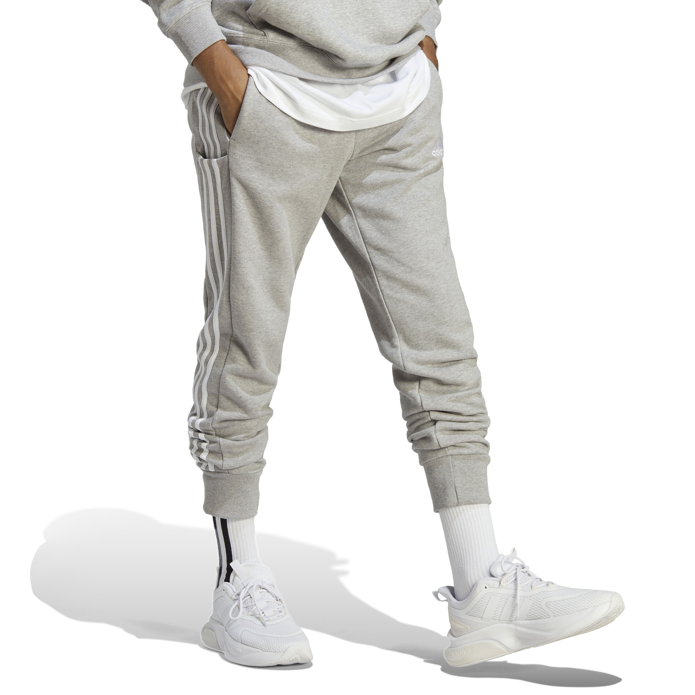 Essentials French Terry Tapered Cuff 3-Stripes Trainingshose Herren - Hellgrau, Weiß