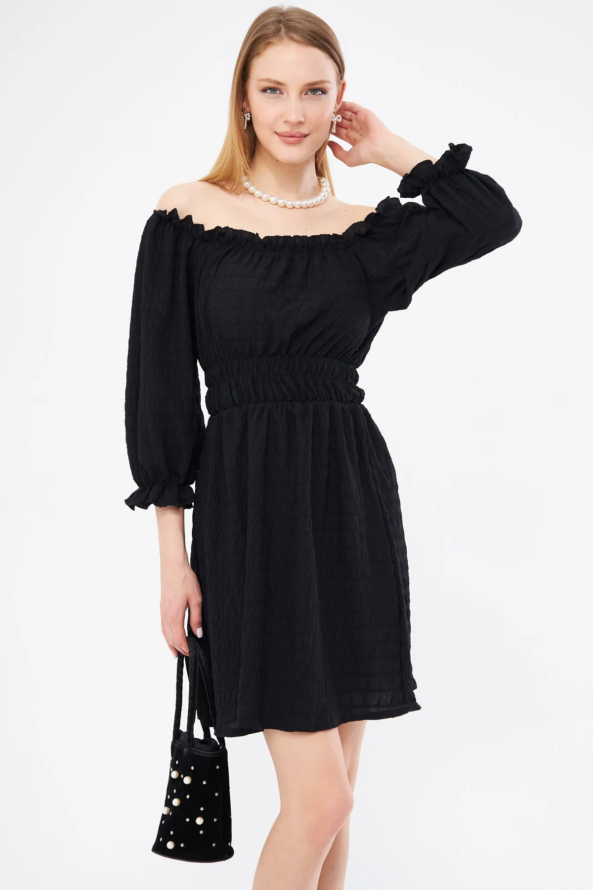 armonika  Schwarzes Wickelkleid mit Madonna-Ausschnitt und elastischer Taille für Damen