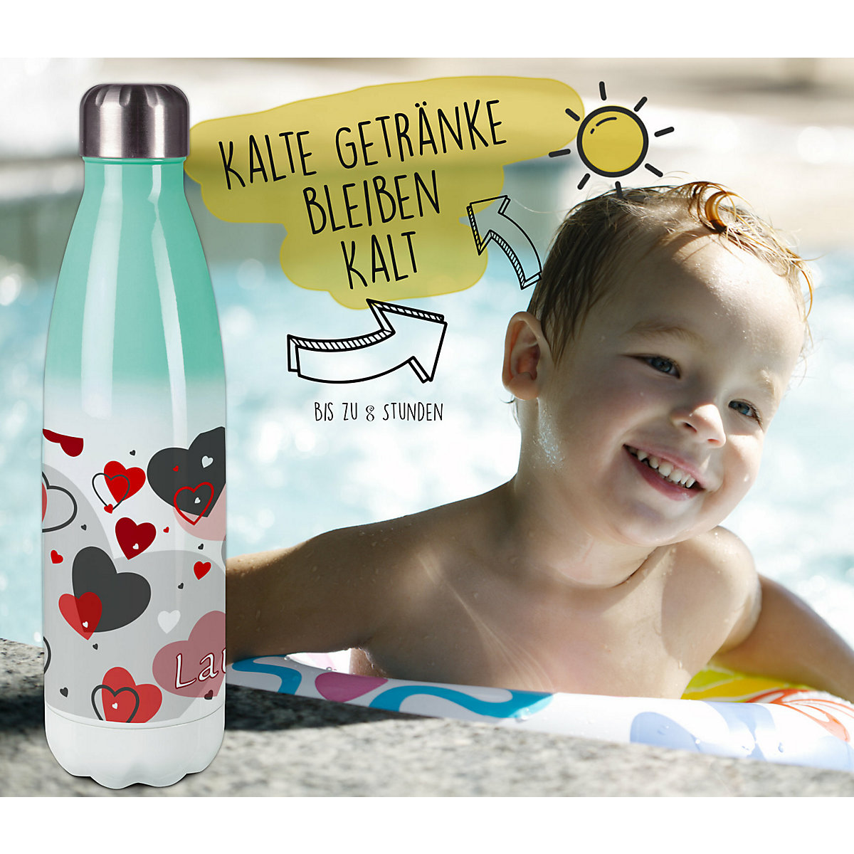 Edelstahl Kinder Thermoflasche / Trinkflasche bunt Herz Farbe rot grau Spülmaschinenfest, Auslaufsicher, Bruchfest, Doppelwandig, Für Heißgetränke geeignet, Mit Deckel, Isoliert