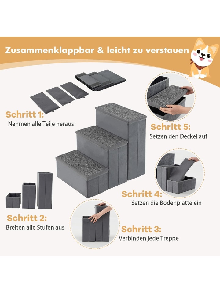 COSTWAY Hundetreppe 3 Stufen Faltbar mit Stauraum in Grau günstig kaufen onesize