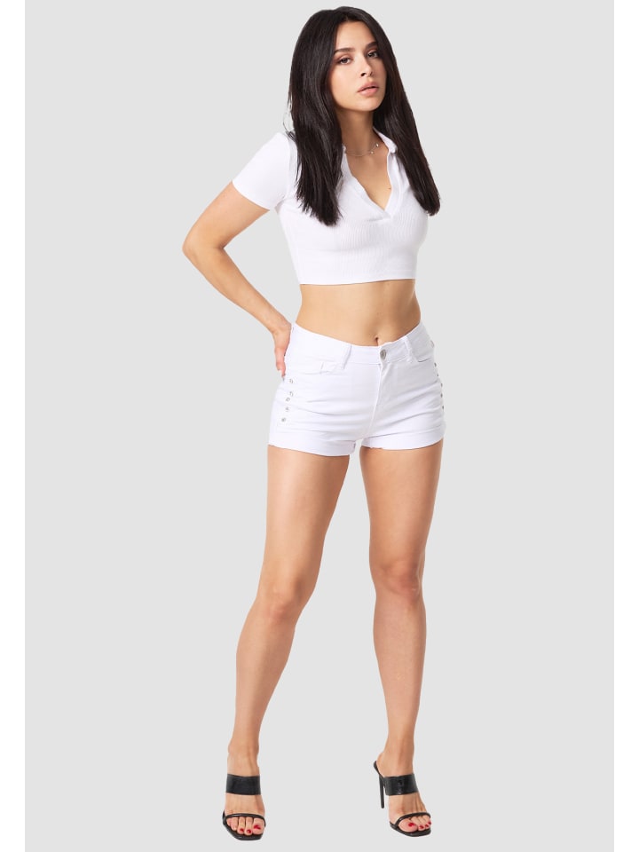 MiSS RJ High Waist Denim Jeans Shorts Bermuda Stretch Hose mit Spitze in Weiß günstig kaufen