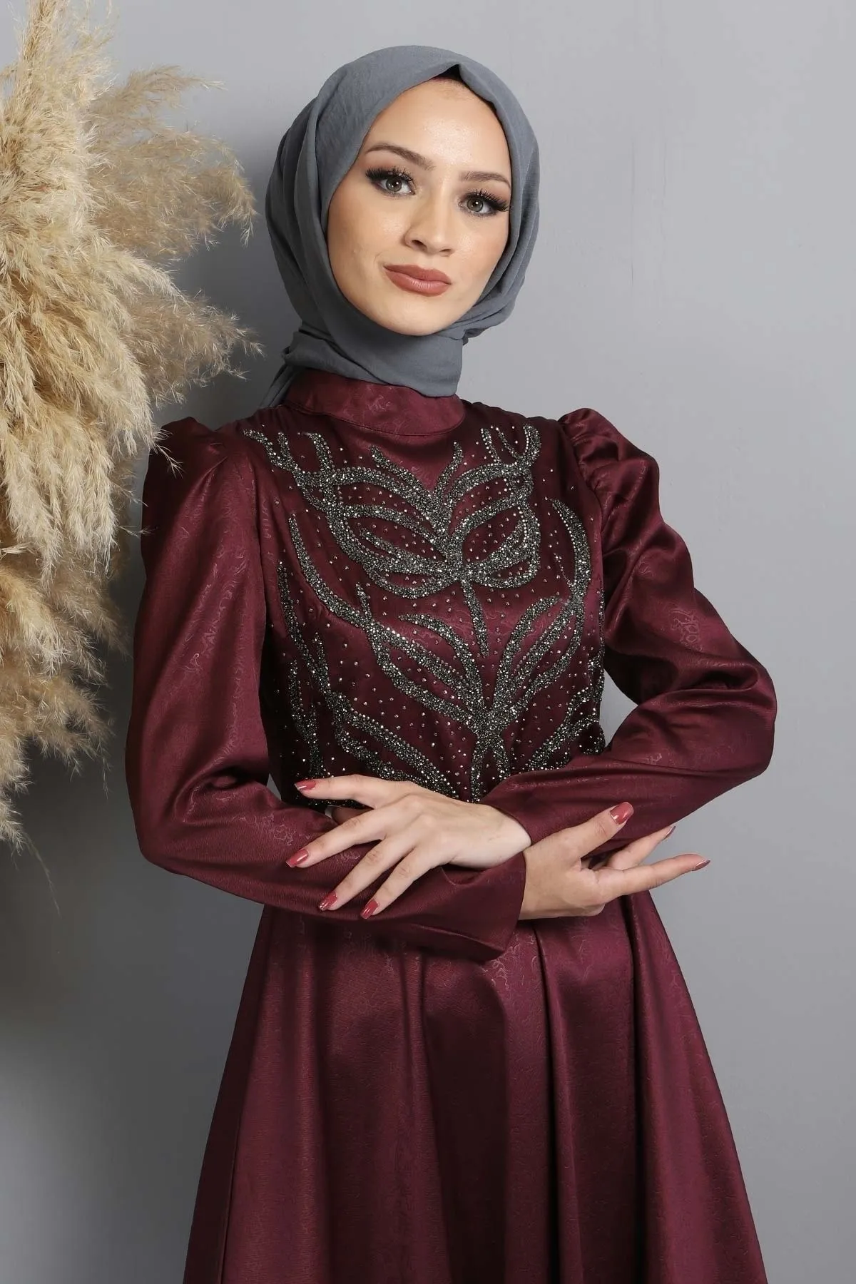 Modamihram  Stoned Burnt gemustertes Abendkleid Pflaume