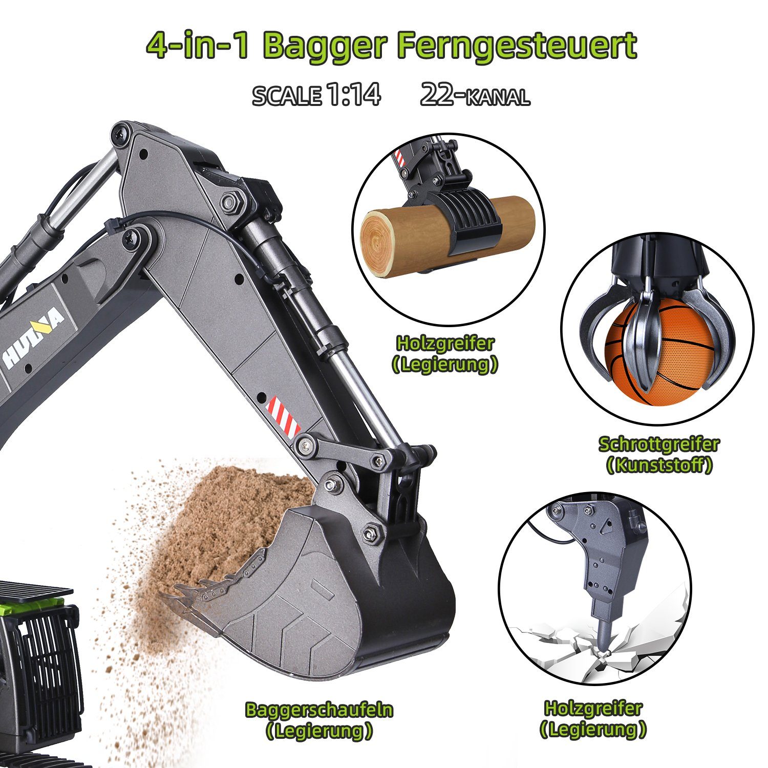 Esun RC-Bagger Ferngesteuerter bagger spielzeug, rc bagger baustellenfahrzeuge kinder (SET, Komplettset), 1:14Metallschaufel ferngesteuert mit 2 Akku und 3 Anbaugeräte