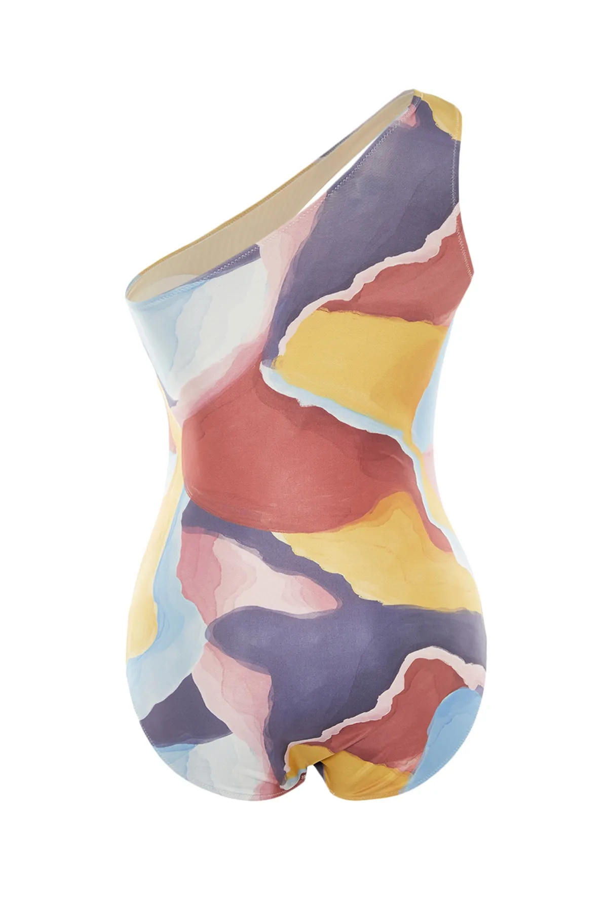 Trendyol Curve  Mehrfarbiger One-Shoulder-Badeanzug mit Aquarelleffekt TBSSS22MA0315