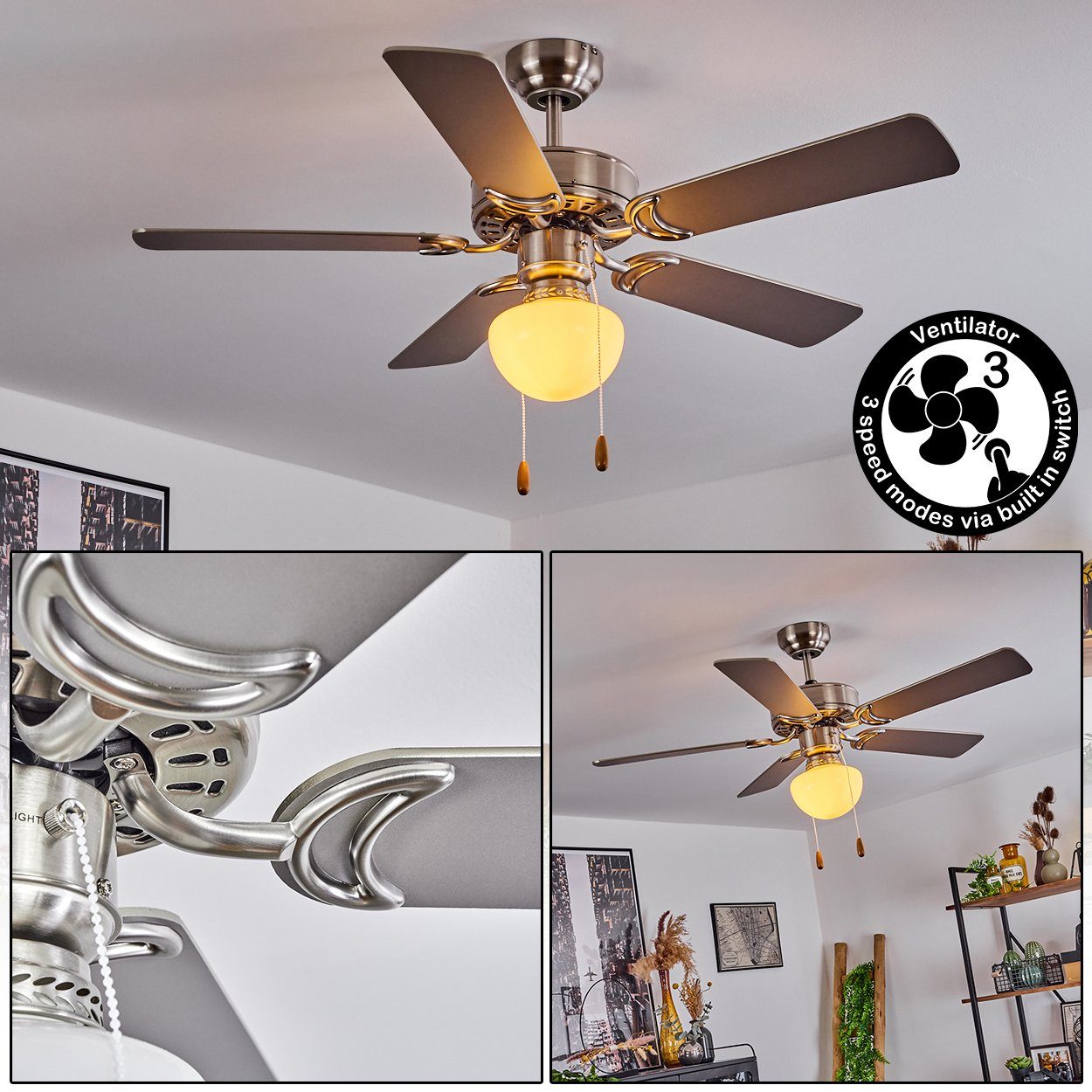 hofstein Tischturmventilator Deckenventilator aus Metall/MDF/Glas in Silber/Holzoptik/Braun/Weiß