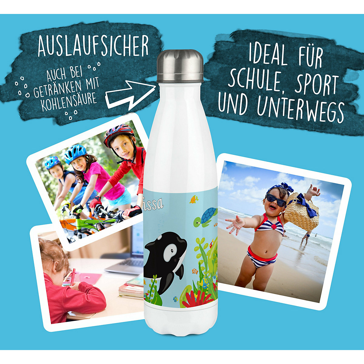 Edelstahl Kinder Thermoflasche / Trinkflasche bunt Unterwasserwelt Spülmaschinenfest, Auslaufsicher, Bruchfest, Doppelwandig, Für Heißgetränke geeignet, Mit Deckel, Isoliert