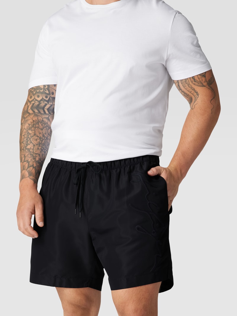 PLUS SIZE Badehose mit Label-Details Modell 'Drawstring' in marineblau