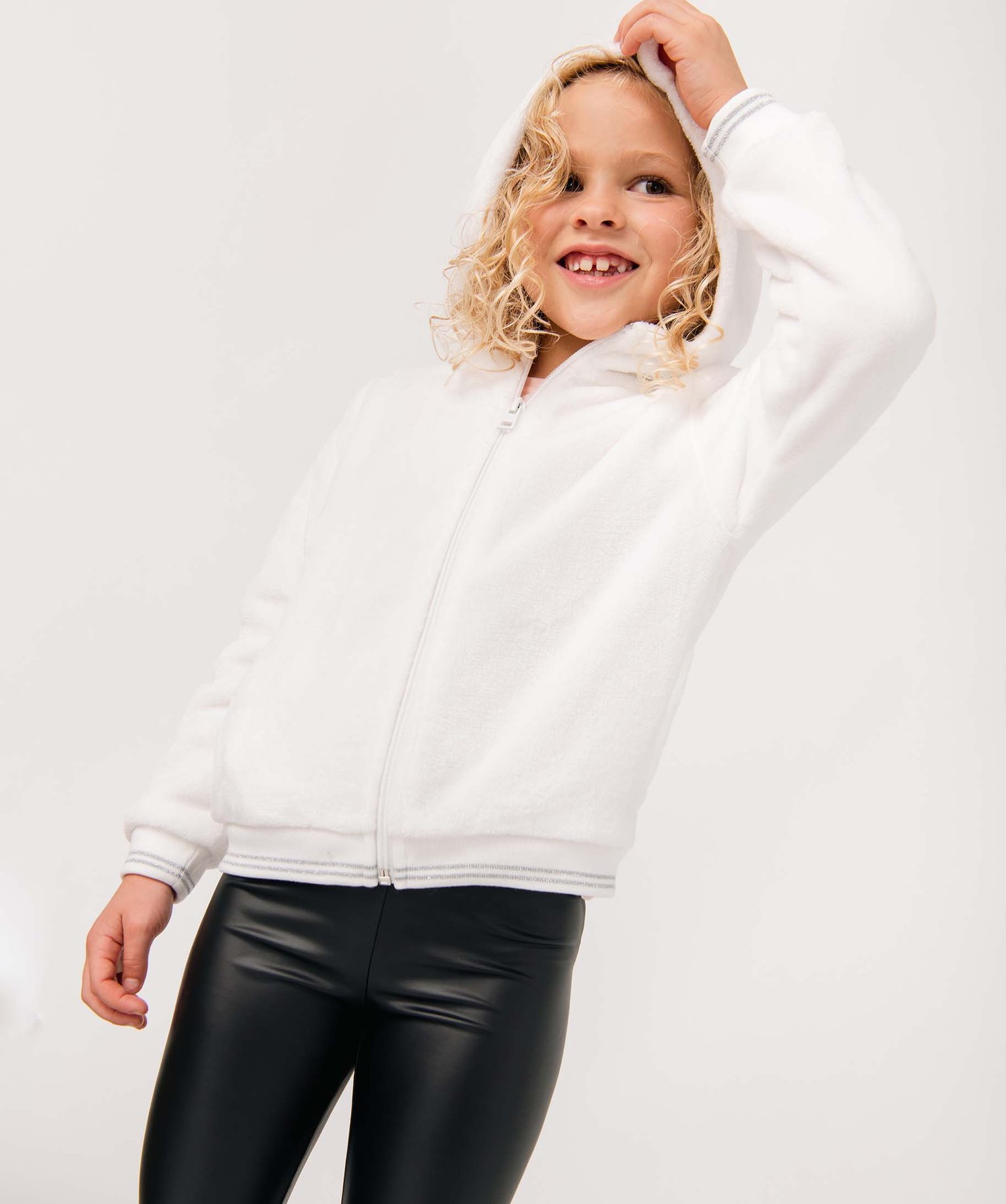 Sweat fille zippé à capuche en maille peluche ecru | GEMO