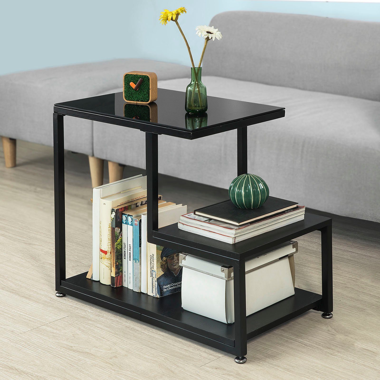 SoBuy Beistelltisch FBT65, mit Glasplatte Sofatisch Glastisch Couchtisch mit 3 Ablagen schwarz