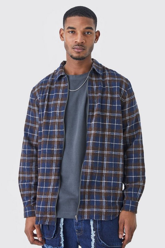 Tall langärmliges kariertes Overshirt mit Reißverschluss