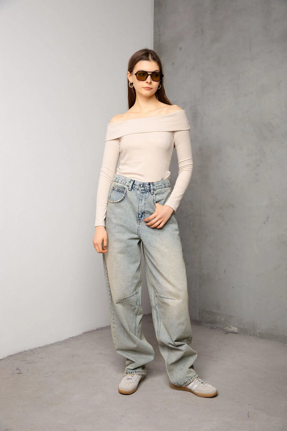 Maule  Schnalle im Detail, lockerer Schnitt, weites Bein, bequeme Baggy-Jeans, lockere Damenhose @milano