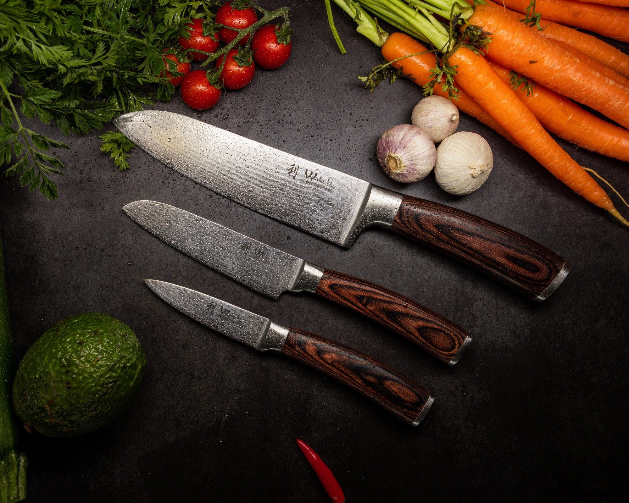 Wakoli Messer-Set Edib 3er Damastmesserset I Holzbox I 8-17cm Klinge I Pakkaholzgriff